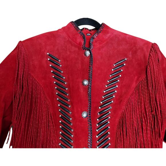 Vintage Cripple Creek Red Suede Leather Western Womens Jacket Beads Conchos Sz L - Picture 3 of 8